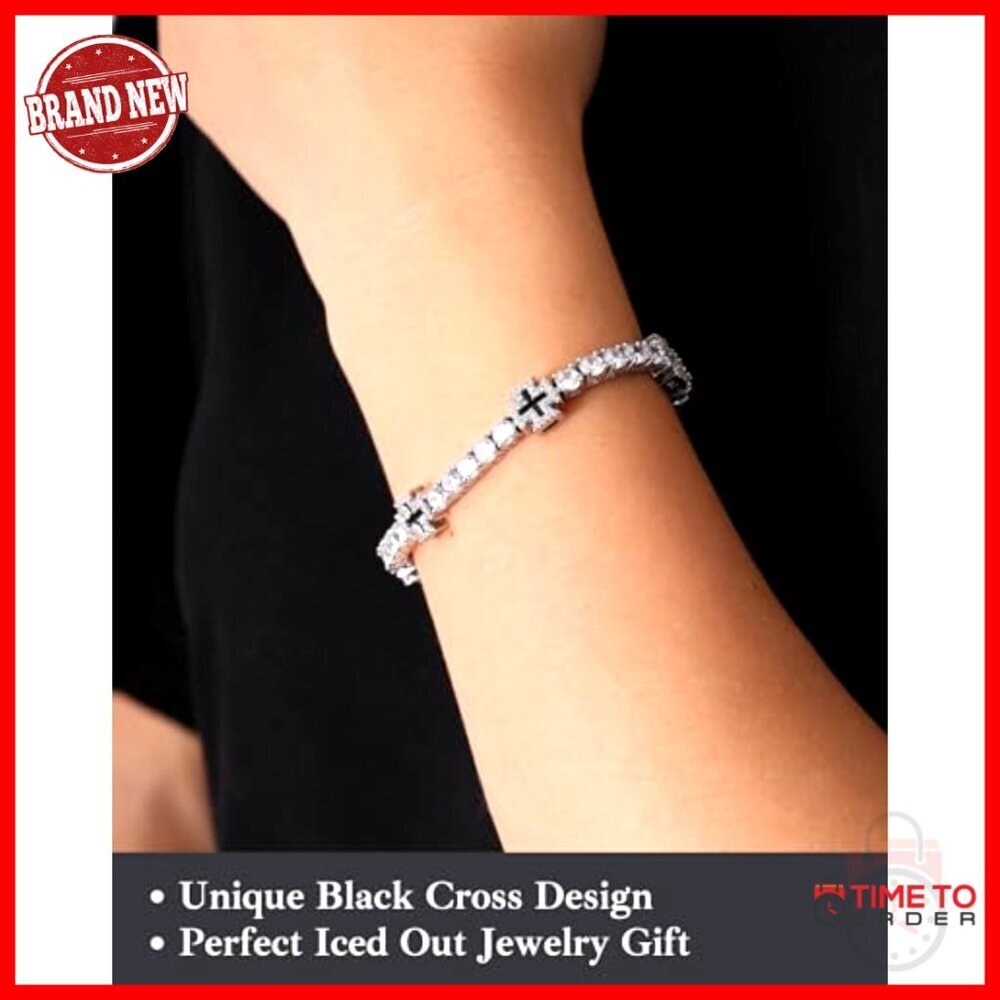 Unisex White Gold Plated Tennis Bracelet with Cross Design 7 Inch - Picture 4 of 7